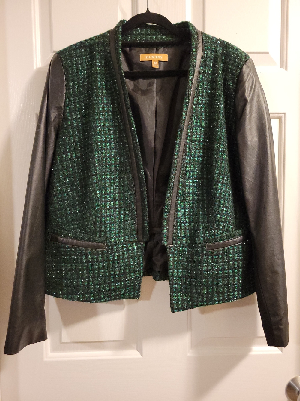Ellen Tracy Black & Green Tweed Jacket w/ Black Faux Leather & Cloth Sleeves